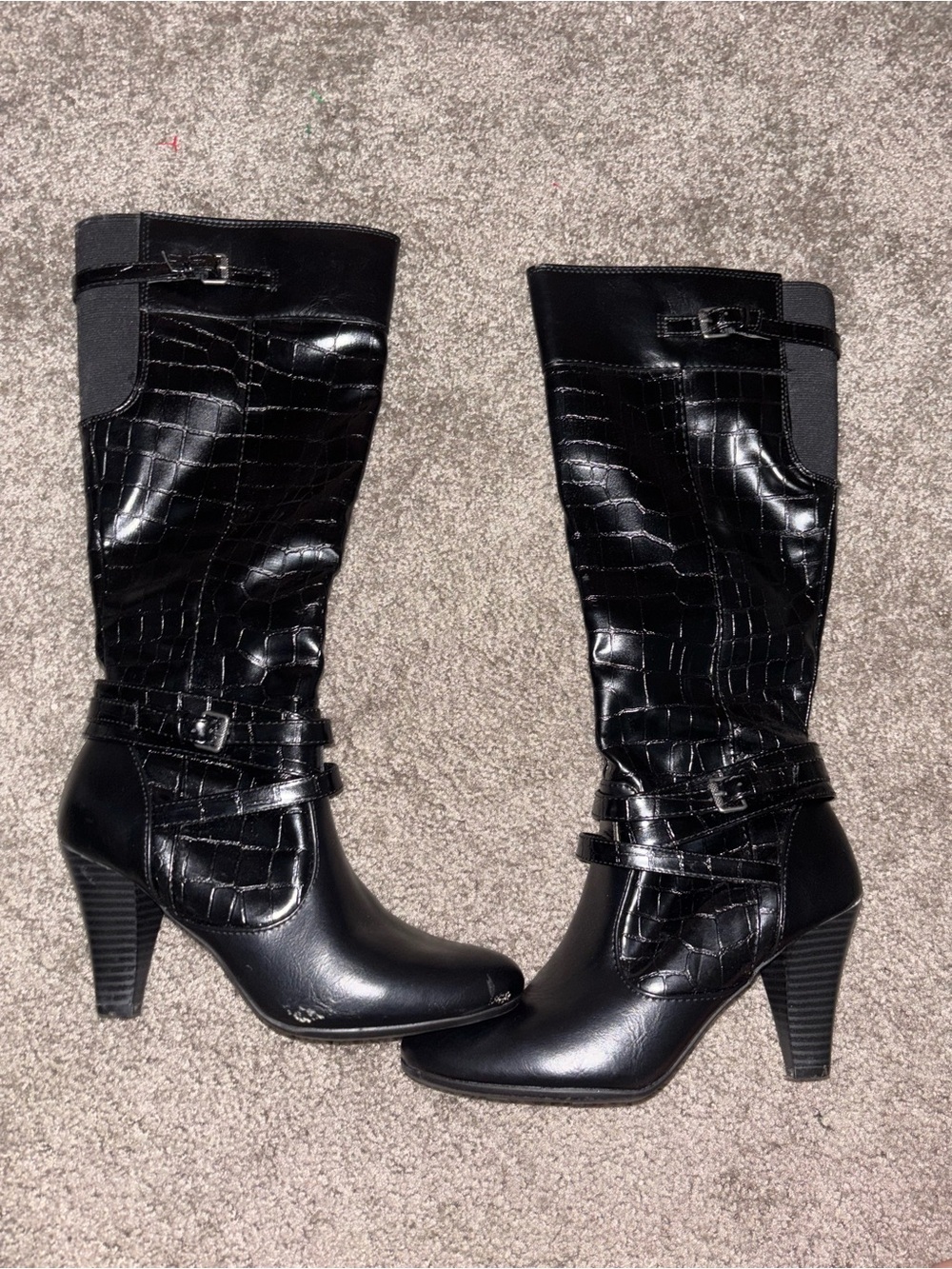 Women's Black Crocodile-Embossed Memory Foam Mid-Calf Heeled Boots Life Stride